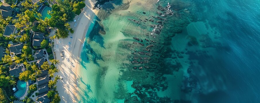 Aerial drone view of 5 star resort Shangri - La Le Touessrok with sandy beach, white villas and pool, Flacq, Ilot Lievres, Mauritius.