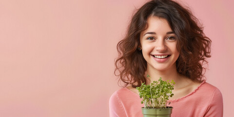 Young woman holding microgreens on a bright background. Generative AI