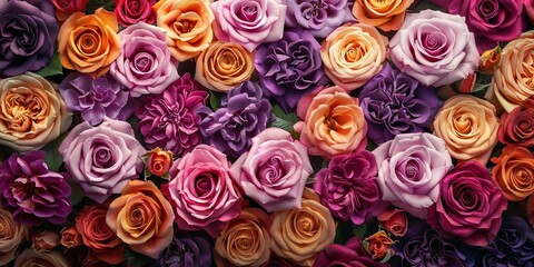 Naklejka premium Romantic Valentine's Day Background with Multicolored Flowers. Floral Wallpaper with Purple, Pink and Orange Roses.