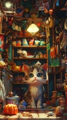 Cute anime cat in a quirky shop