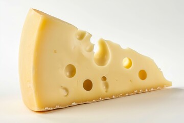 A slice of Swiss cheese with distinctive holes, symbolizing freshness and gourmet food, isolated on a clean white backdrop