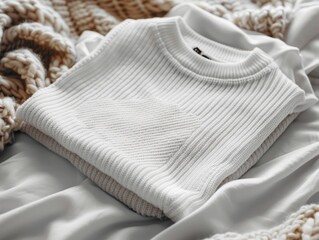 A close-up of a ribbed white knit sweater, showcasing the texture and comfort of the piece atop a plush comforter