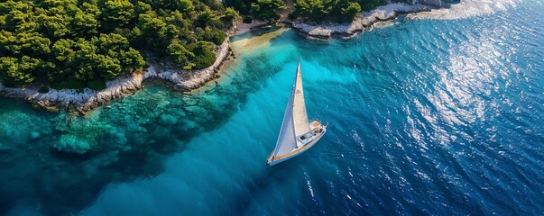 Aerial view of sailboat in Otok Oruda Island, Croatia.