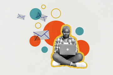 Composite photo collage of happy american girl type macbook device online correspondence letter...