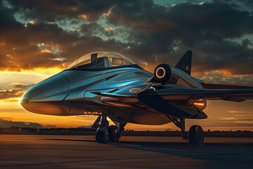 A fighter aircraft bathed in warm evening light, Futuristic , Cyberpunk - obrazy, fototapety, plakaty