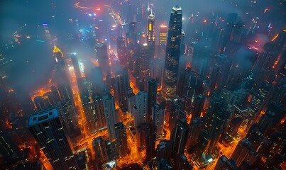 Aerial view of dense urban cityscape at night,
