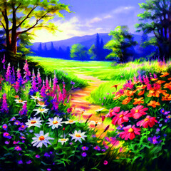 Fototapeta premium Floral colourful watercolour oil painting of garden splash colour of Brachyscome flowers