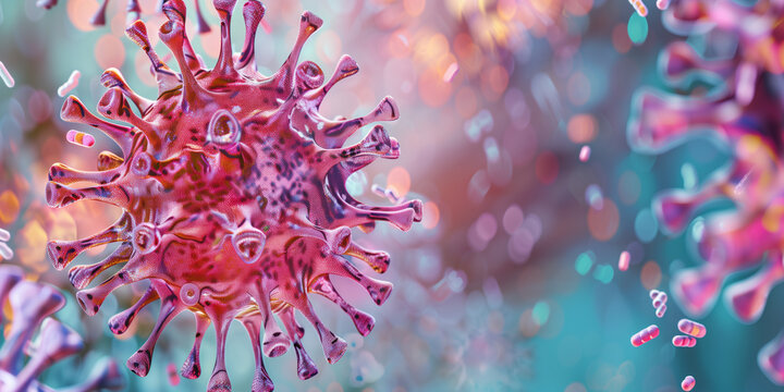 isolated view of a single bacteria of the coronavirus cell, illustrating the urgency in understanding and combating variant diseases during the ongoing pandemic. Commercial banner