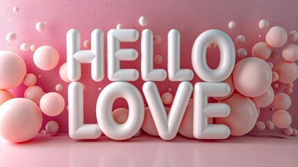 A playful and romantic 3D rendering of the phrase 'Hello Love' with a bubbly pink background adding a whimsical touch