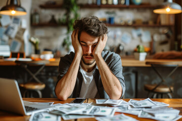Stressed young man surrounded by money at workplace