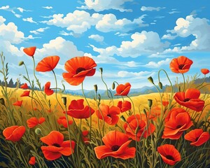 Fototapeta premium A field of red poppies, with a blue sky and white clouds in the background