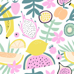 Tropical fruits and plants seamless pattern. Background for kitchen decor, paper, cover, textile design.