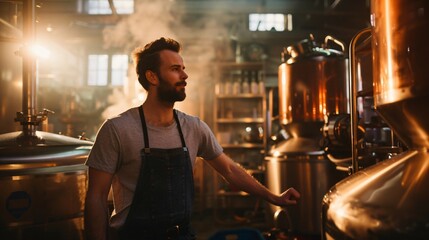 Candid shot of the brewmaster overseeing the brewing process surrounded by equipment used in beer production