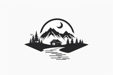 Minimalist mountain and lake logo on white background