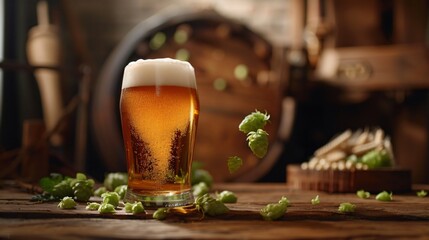 Close up of a tasty pint of beer on wooden table settled against rustic background, with beer ingredients next to it and some ingredients are levitating