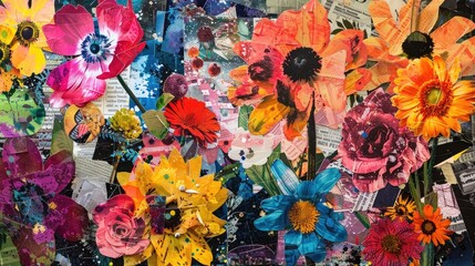 Abstract collage of various flowers and newspaper clippings, in a colorful and vibrant style.