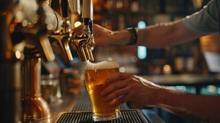Close up of bartender fills a pint of tasty beer