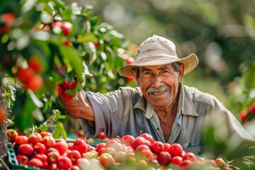 Fototapeta premium Older Man Picking Cherries From a Tree