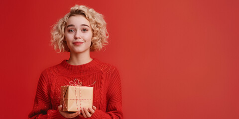 Young woman holding a box with a gift on a bright background. Generative AI