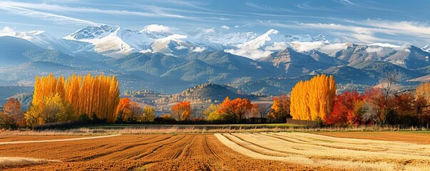 Captivating autumnal agricultural vista in Cerdanya, Girona, Spain, with the snow-capped Pyrenees...