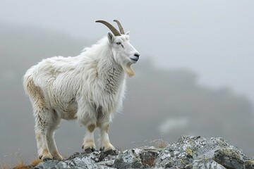 Fototapeta premium Majestic white mountain goat standing atop rocks with a soft, foggy background highlighting its elegance
