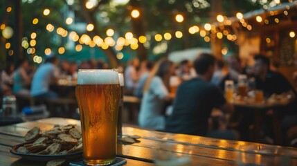 Close up view of pint of beer placed on wooden table at the terrace of the pub where some people enjoying the beer on the background