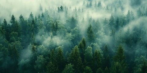 Misty Forest Aerial Photograph with Pine Trees. Foggy, Atmospheric Nature Background.