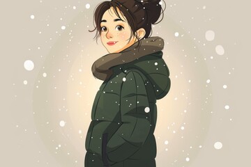 Smiling Woman in Winter Apparel Enjoying Snowfall