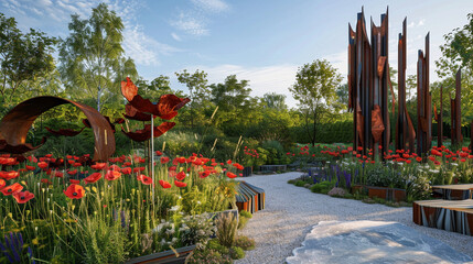 Modern art and conflict themes blend in a garden featuring poppies and metallic sculptures ...