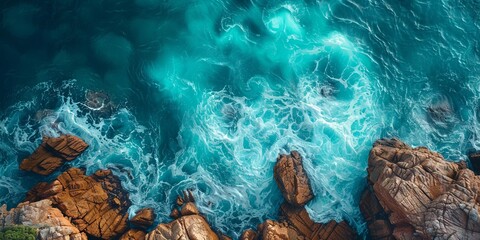 Topdown aerial view of turquoise waves offset by the colourful rocks