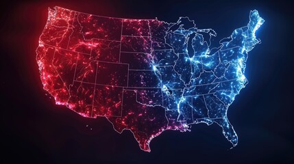USA Map Illustrated in Red and Blue Neon Glow
