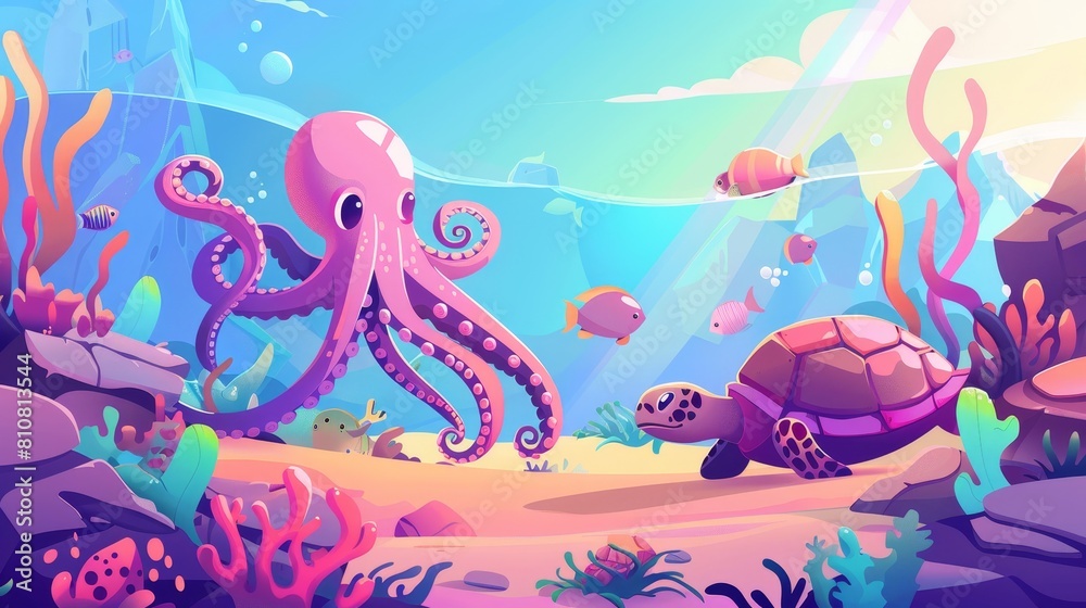 Wall mural A scuba diving banner featuring octopus and turtles under water in an ocean. Cartoon illustration of an underwater landscape with wild marine animals.