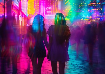 Two women walking side by side, their silhouettes defined against a kaleidoscope of neon lights, capturing the essence of friendship and urban life