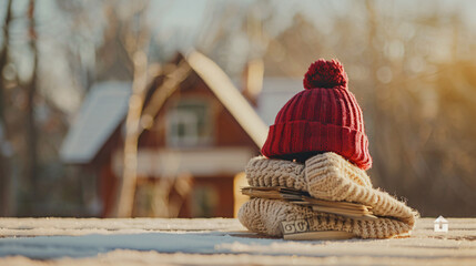 Figure of house money and warm hat on table outdoors.