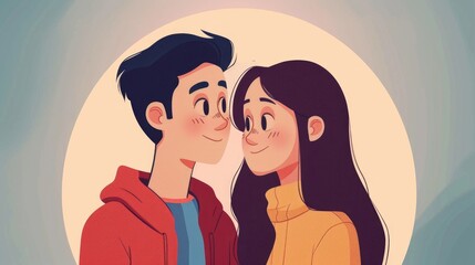 Obraz premium Young Couple Sharing a Tender Moment - Romantic Illustration