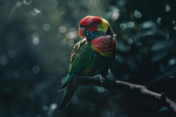 Obraz premium Colorful Australian rainbow parrot perched in a shadowy forest