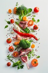 Colorful food ingredients beautifully arranged in a vertical gradient, showcasing a variety of fresh produce and meats