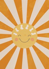 A joyful illustration of a smiling sun with cream and orange sunrise rays on a textured beige background