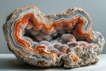 Obraz premium A detailed view of a geode agate stone, showcasing vibrant orange and white bands with crystalline center