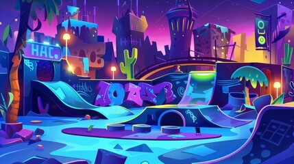 Modern illustration of skatepark with ramps, graffiti on walls, and aerosols for drawing at night. Playground for extreme sports.