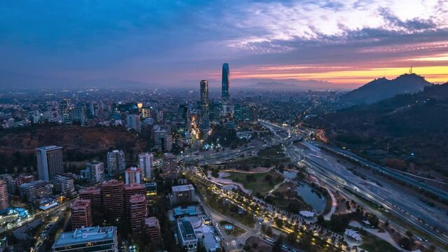 Hyperlapse drone shot of the Providencia Skyline, sunset in Santiago de Chile