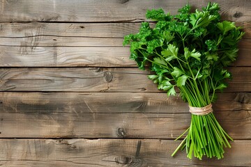 Parsley. Root parsley. a bunch of parsley. On a wooden background. View from above. place for text. 