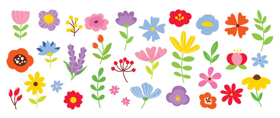 Collection of spring colorful flower elements vector. Set floral of wildflower, leaf branch, foliage on white background. Hand drawn blossom illustration for decor, easter, sticker, clipart, print.