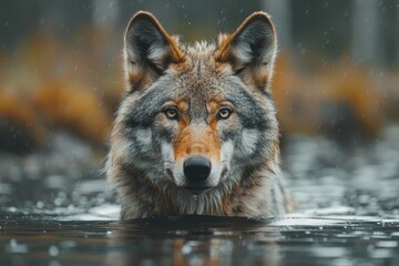 Obraz premium A captivating close-up of a wolf's solemn expression as it submerses in still waters, surrounded by rain