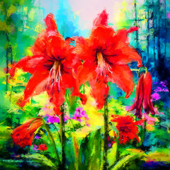 Floral colourful watercolour oil painting of garden splash colour of crown-imperial flowers