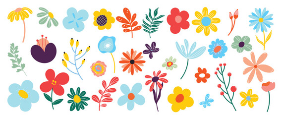 Collection of spring colorful flower elements vector. Set floral of wildflower, leaf branch, foliage on white background. Hand drawn blossom illustration for decor, easter, sticker, clipart, print.