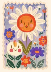An endearing illustration of a sun with a face surrounded by a variety of happy flowers creating a sense of joy and friendliness in a folk art style