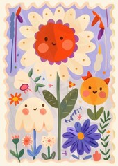 Whimsical illustration of happy flowers with faces in a soft color palette, creating a cheerful and playful vibe