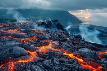 Fototapeta premium Lava from an active volcano flows into the ocean against a stunning sunset backdrop, creating a dramatic and dynamic natural landscape
