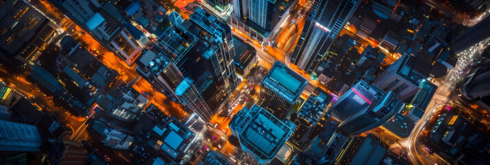 abstract aerial cityscapes featuring a towering skyscraper, a bustling street, and a serene river flowing through the center